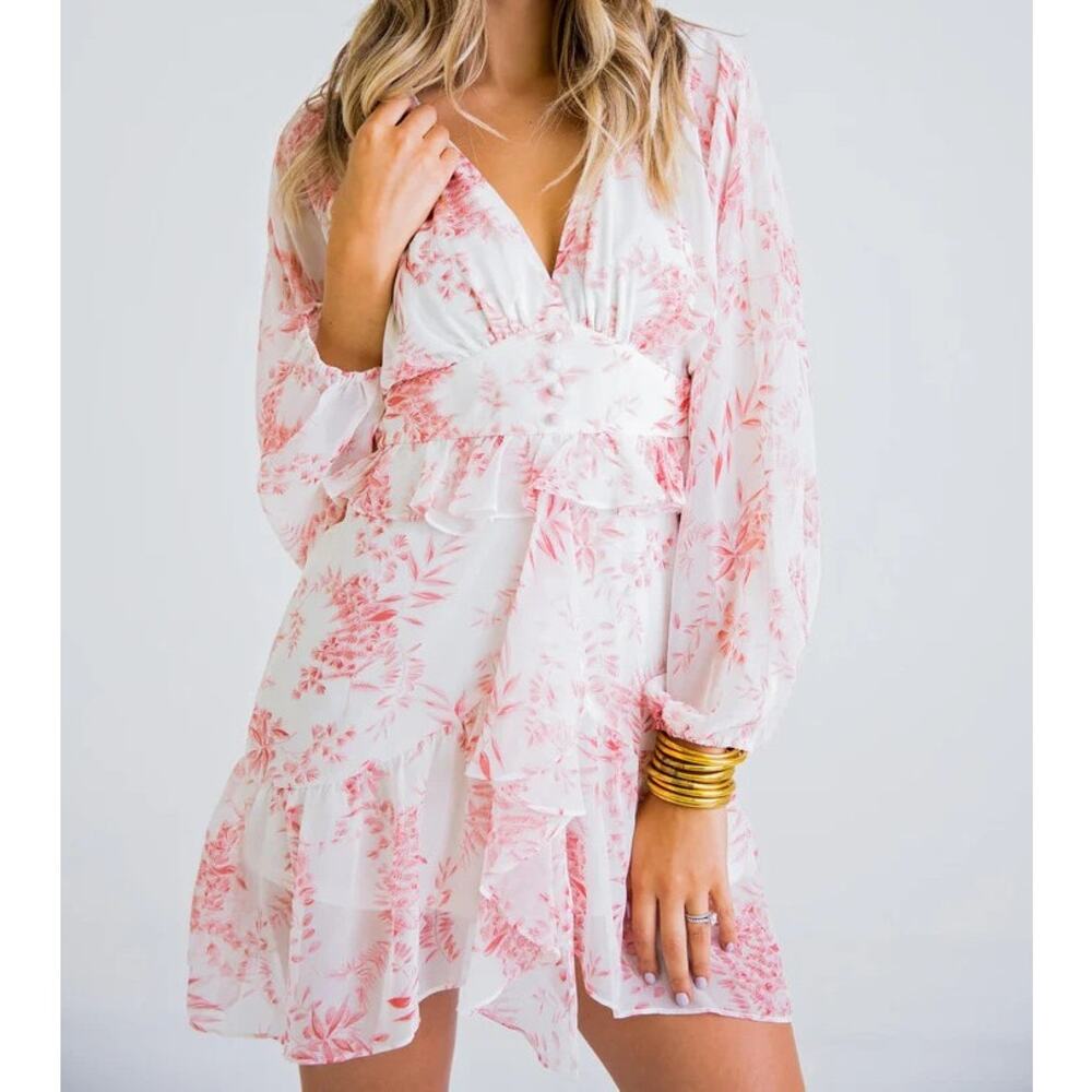 NWT KARLIE Floral Chiffon Cream Light Pink Dress Mini Ruffle Tier Women's Size S